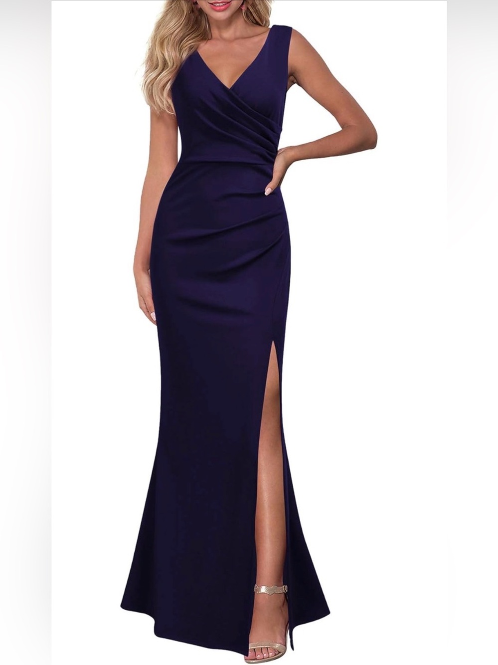 Strapless Navy Side-Slit Evening Gown